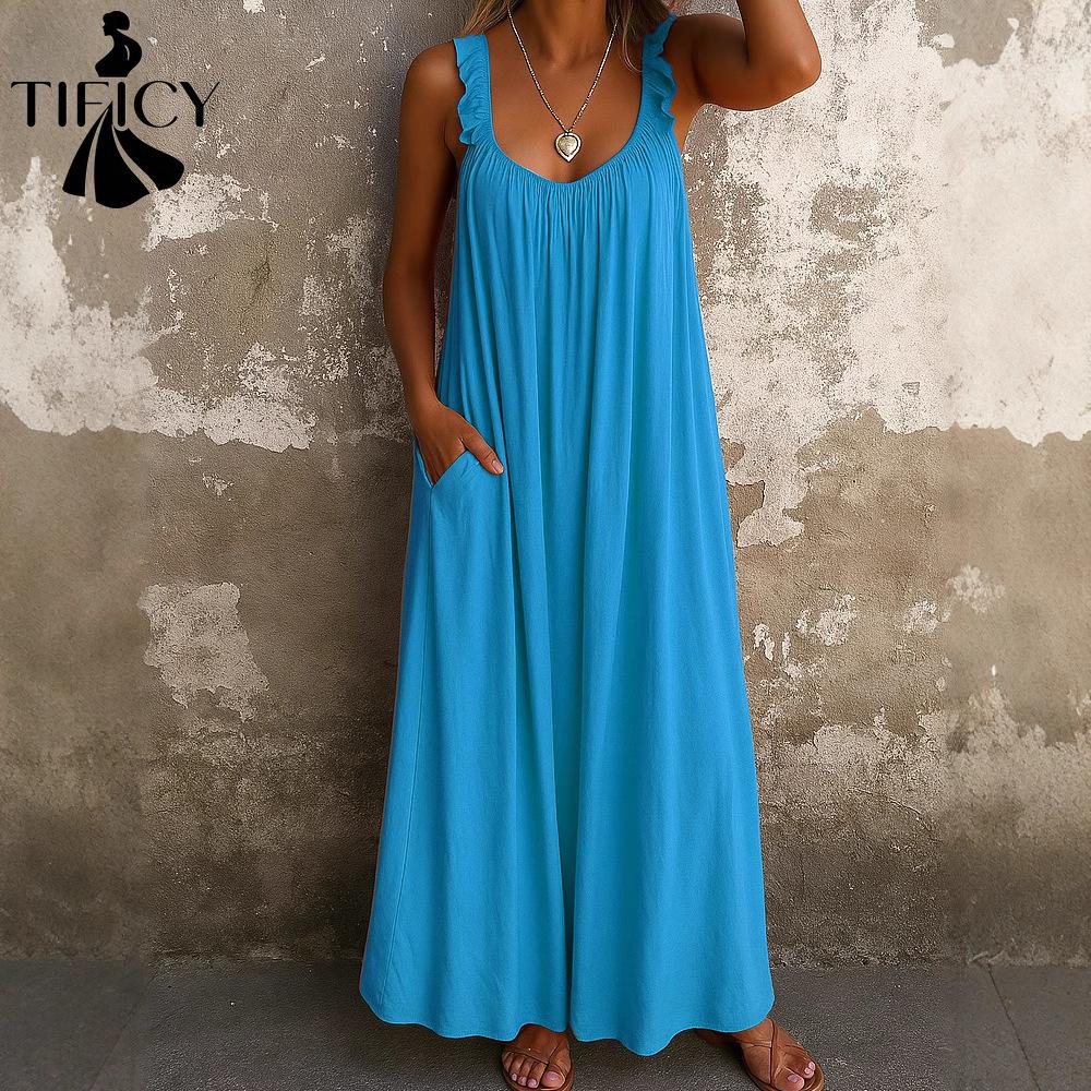 TIFICY Damenmode Sommer Frühling Einfarbig Druck Ärmellos V-Ausschnitt Lockere Taille Lässige Kleider