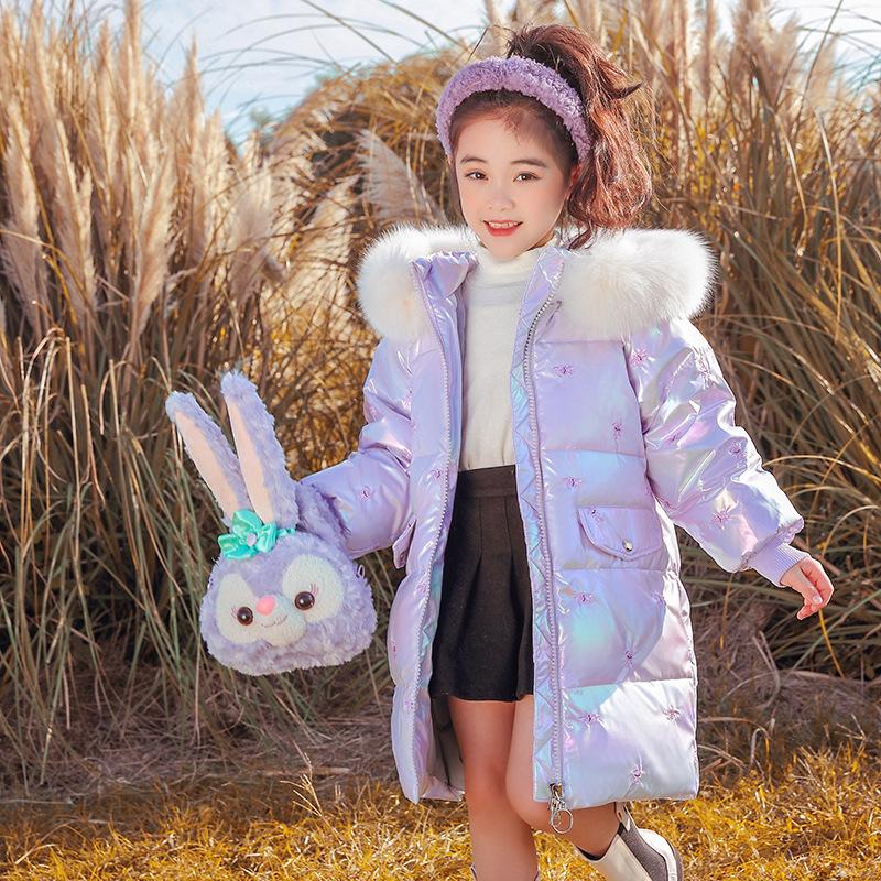 Детский пуховик для девочек среднего и старшего возраста, новый, для малышей, утепленный, средней длины, глянцевый пуховик для девочек, зимний 120cm
