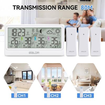  8.5" Wireless Weather Station DCF Calendar Alarm Clock Digital Moon Phases Thermometer Hygrometer Trend Forecast 3 Sensors