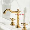 Tuqiu Widespread Basin Faucet Brass Gold Bathroom Faucet Chrome Sink Faucet 3 Hole Hot & Cold Wash Faucet Water Tap