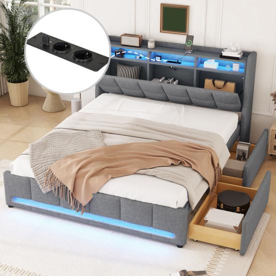 Upholstered Bed, 140 X 200cm, No Mattress, App-Controlled LED Light, Bed with Drawers Featuring Power Outlets and USB Ports, Built-In Storage