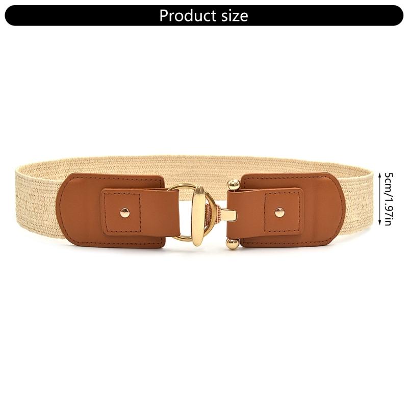 Retro Adjustable Waist Cincher Elastic Woven PP Straw Belt Natural Texture Gold Clasp Women's Fashion Accessory
