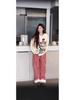 Milky Soft Pink Plaid High-Waisted Wide-Leg Pants for Women - Autumn/Winter Academic Style