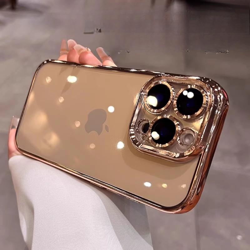 Applicable To IPhone16 Electroplated Tpu Transparent Mobile Phone Case Apple 15 with Lens Film 14pro Anti-fall Protection Case 13