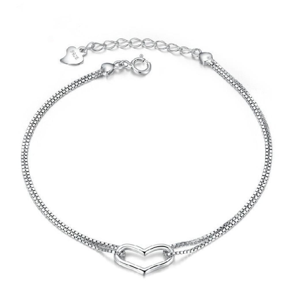 Heart Shaped Bracelet Double Line Love Diamond Plated White Gold Elegant Jewelry Gift for Her
