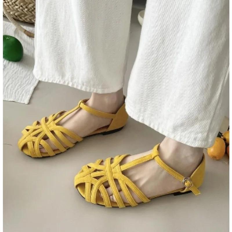 Summer New Style Popular Cross Strap Flat Sandals Women Round Toe Ankle Buckle Hollow Casual Roman Sandals Zapatos De Mujer