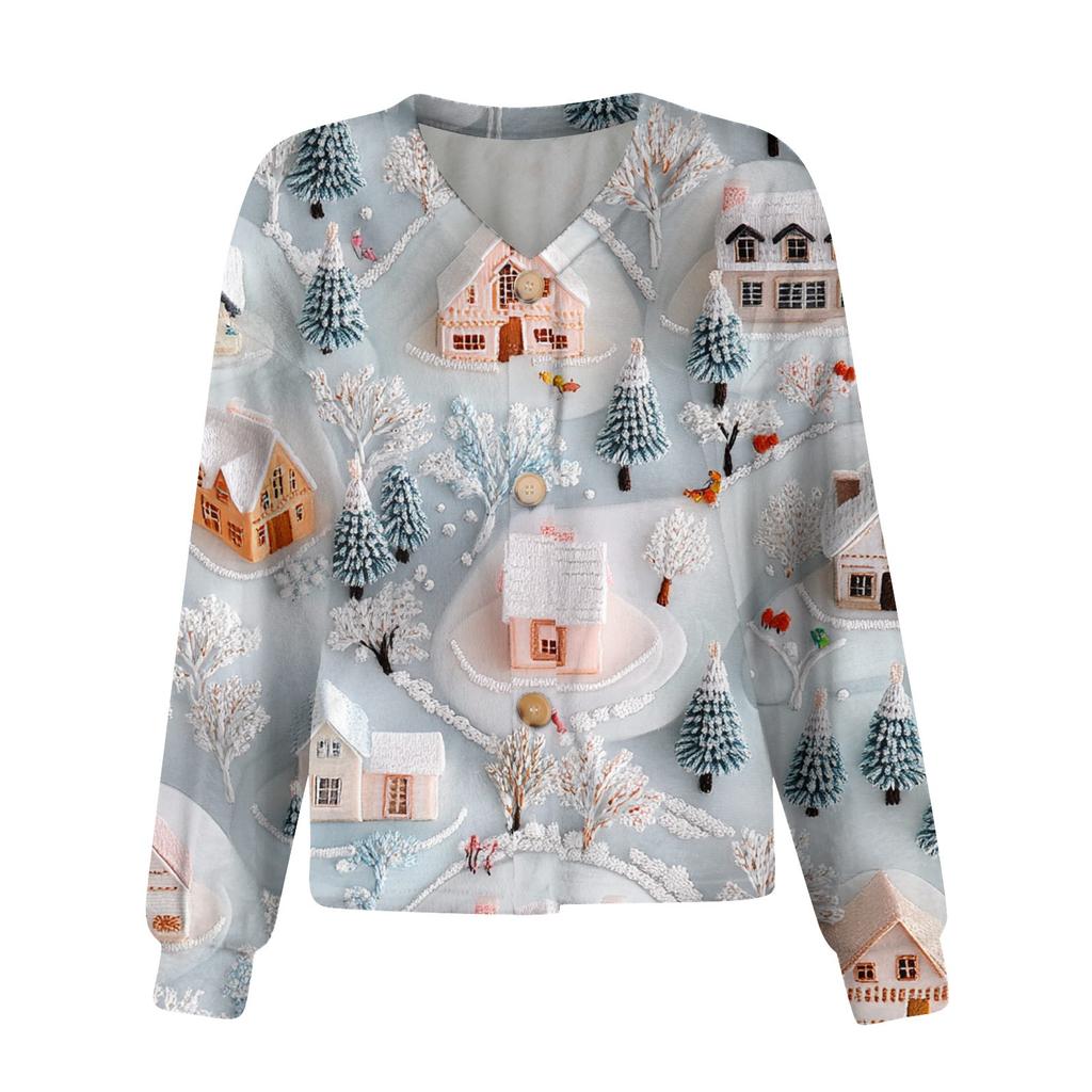 Women's Fashion Short Coat Casual Long Sleeve Printed Single Breasted Plush Top