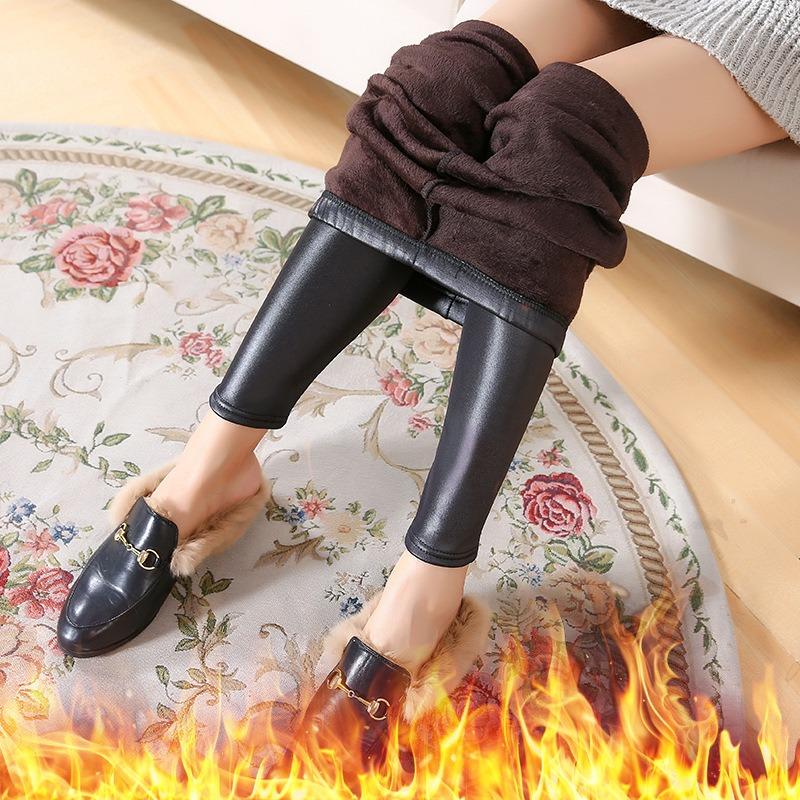 Autumn and Winter Imitation Leather Pants, Fleece Thickened Leggings, Extra Fat and Extra Size Women's Clothing, Warm Leather Pants Stall