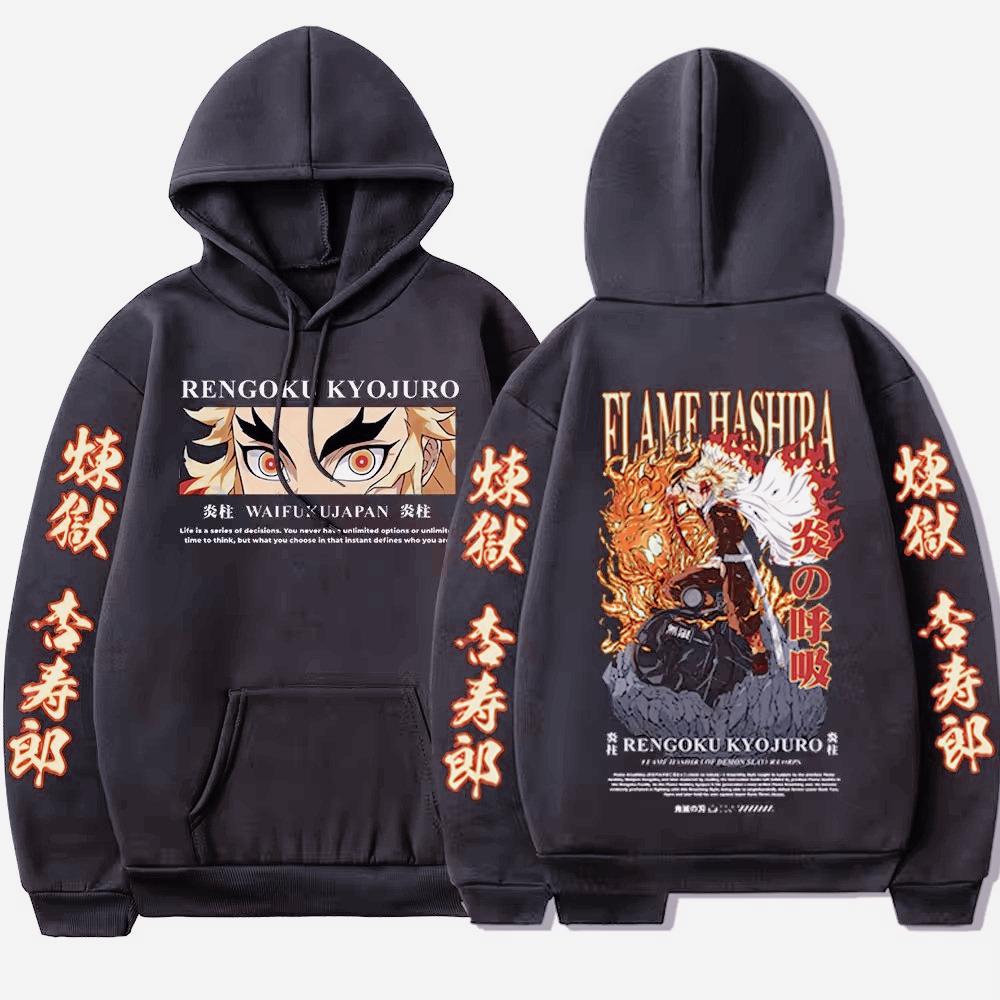 Harajuku Anime Demon Slayer Rengoku Kyoujurou Graphic Printed Hooded Men Women Hoodies Casual Loose Streetwear Sweatshirt