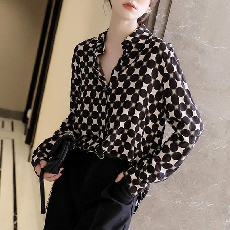 Office Lady Polka Dots Printing Fashion Women Chiffon Shirt Spring Summer Loose Long Sleeves Lapel Female Blouse Clothing 2022