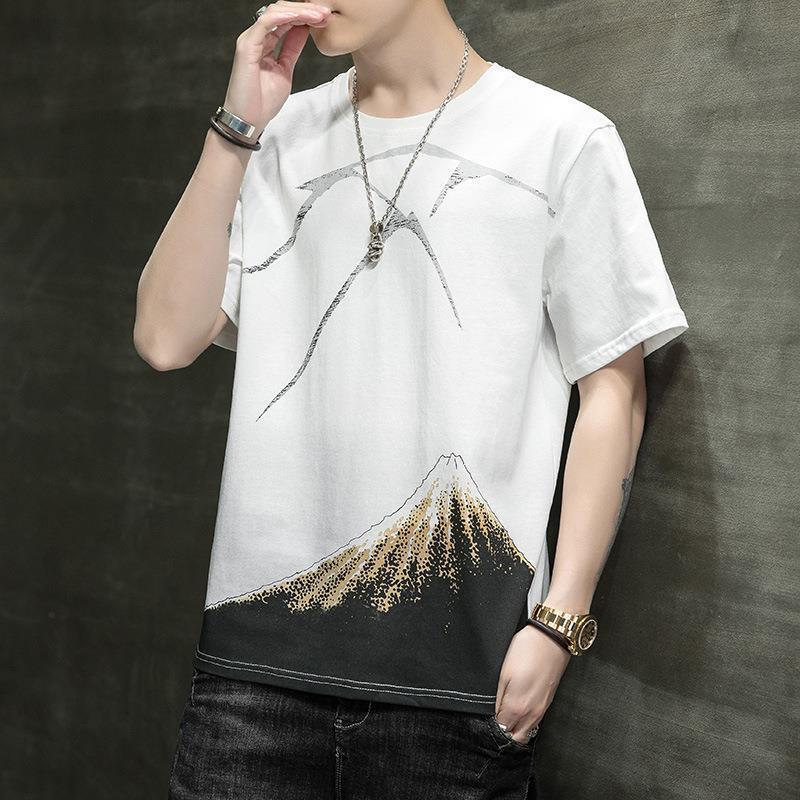 

Men s White Mountain Print T-Shirt, Casual Short Sleeve Mount Fuji Graphic Top for Daily Wear M білий