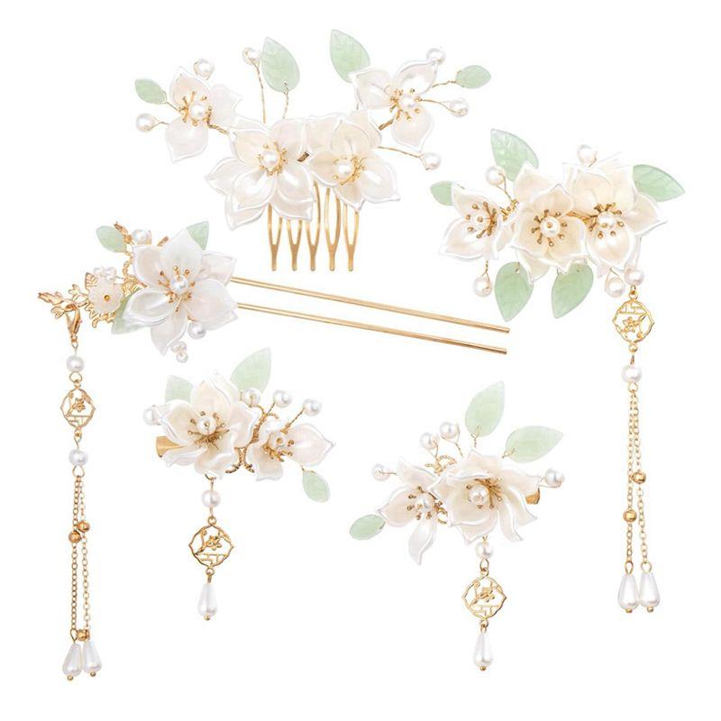 A95D-5PCS Camellia Flower Tassels Hairpin,Pearl Hair Clips Headpiece Retro Chinese Hanfu Wedding Brides Hair Accessories