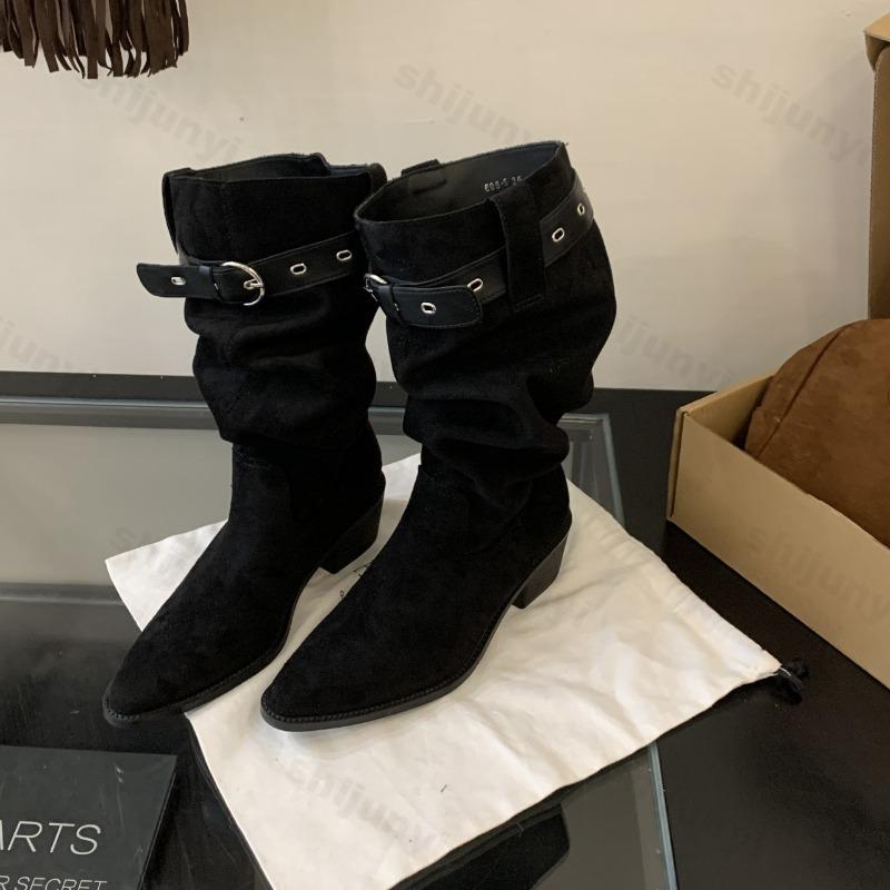 Women Fashion Boots Pointed Toe Square Heel Belt Buckle Long Boots Retro Autumn Fashion Suede Leather Botas Mujer High Quality