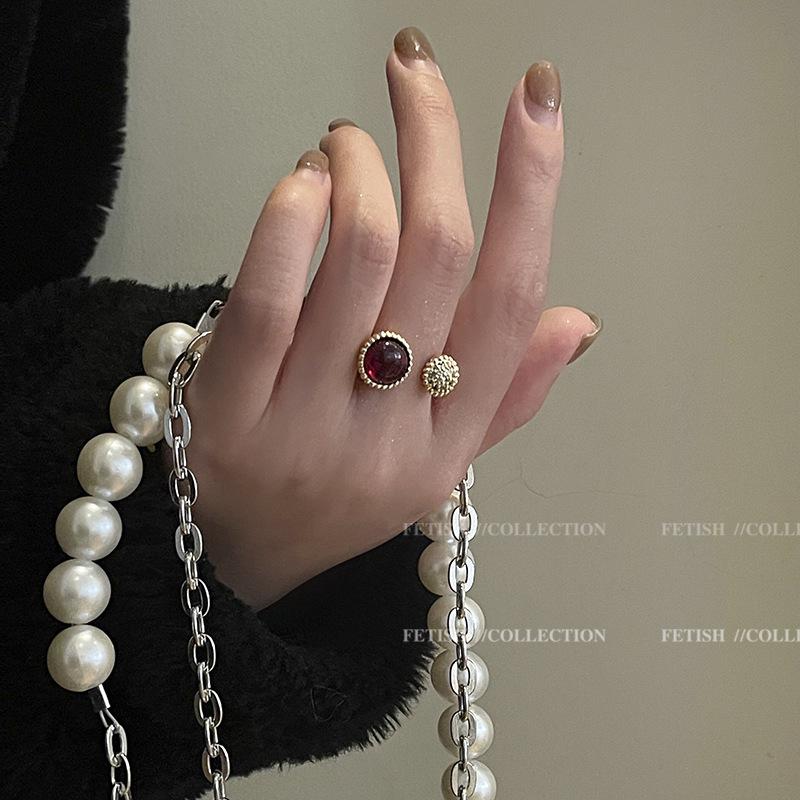 Retro French Style Adjustable Wine Red Zircon Ring for Women - Trendy Luxury Half-Sphere Design
