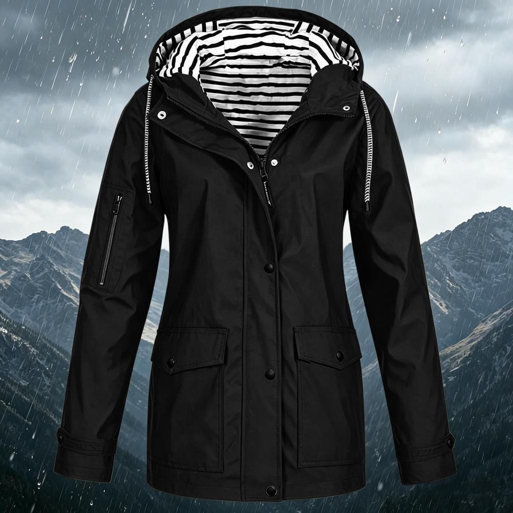 Women's Fashion Solid Color Hooded Loose Casual Waterproof Outdoor Jacket Lightweight Windbreaker Raincoat for Hiking Camping