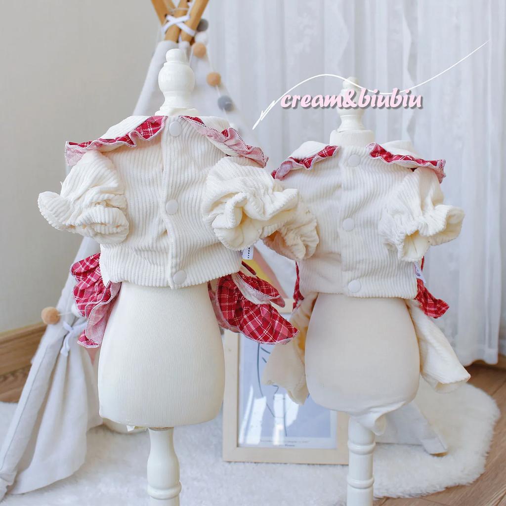 Pet Dog Cat Clothes Autumn Winter with Velvet Red Grid Suspender Fake Two-piece Skirt Four Legged Couple Outfit Puppy Clothes