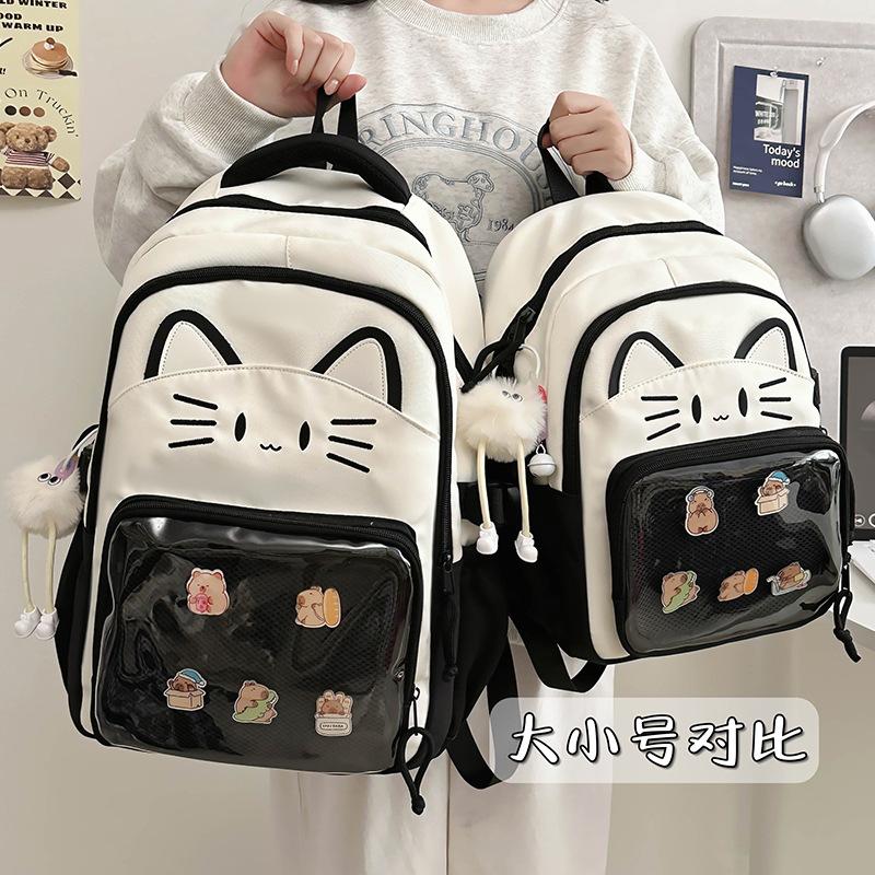 Schoolbag Japanese ins cute cat backpack pain bag transparent large-capacity schoolbag versatile casual shoulder bag