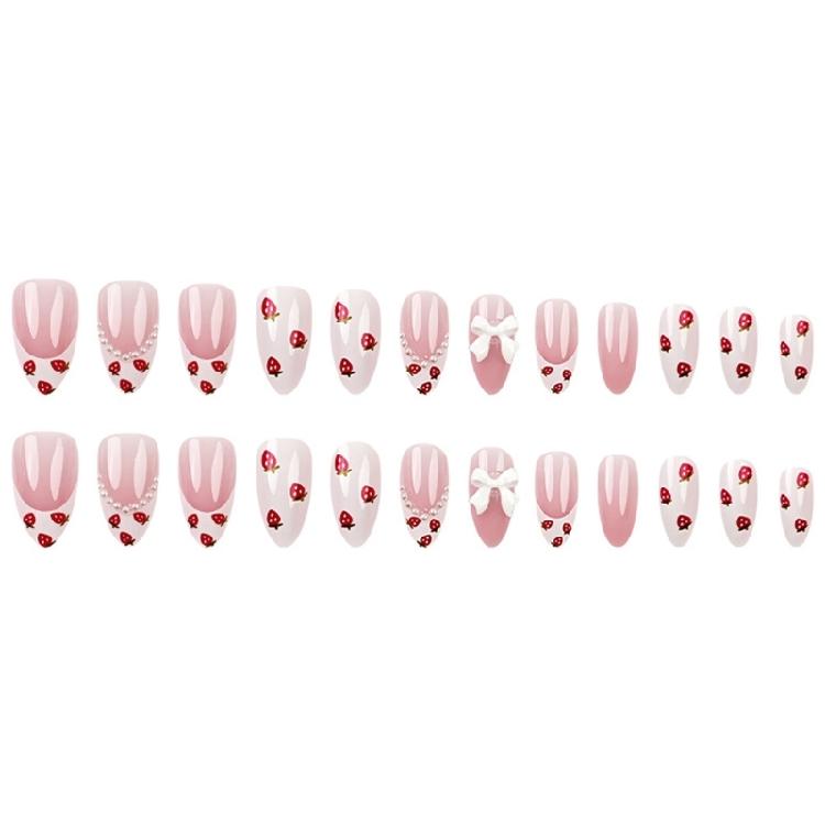 24pcs Short Press On Nail Almond Stick On Nail French Styles Full Cover False Nail with Strawberry Designs for Women