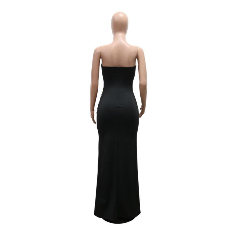 Women's Fashion Line Shoulder High Slit Slim Drill Dress