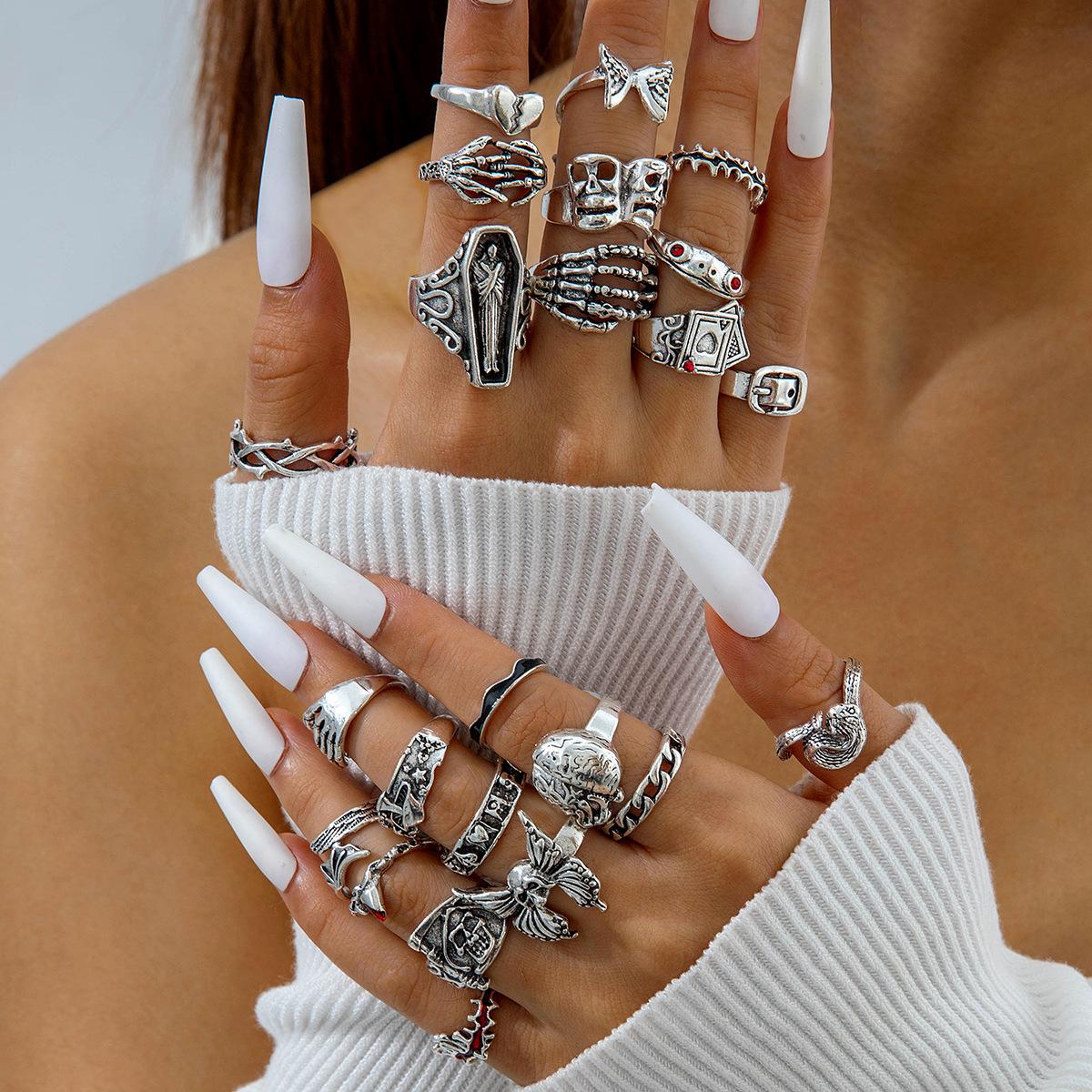 Accessories dark personality hip hop alloy drip oil retro ring creative butterfly love flame ring set