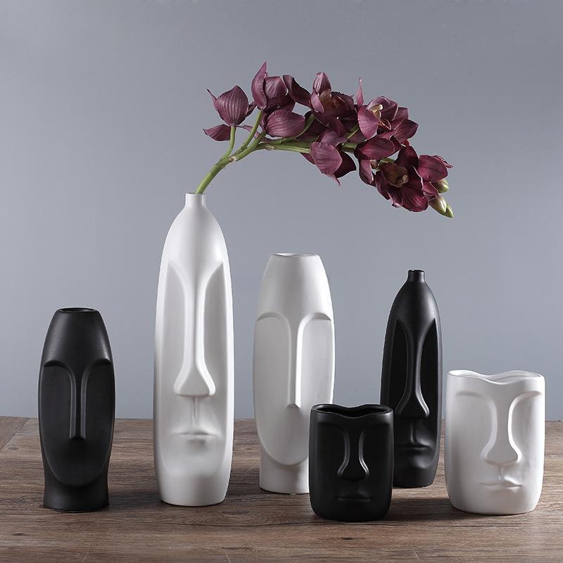 Nordic Minimalist Ceramic Abstract Vase Black and White Human Face Creative Display Room Figue Head Shape Tabletop Vase