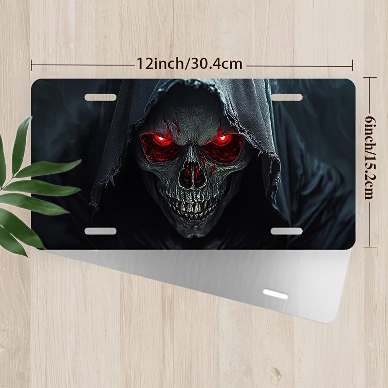 

Vintage Grim Reaper Red Eyes Skull License Plate D Flat Aluminum Tin Sign Wall Art Decor for Garage Bar Man Cave and Car Front 15x30cm(5.9x7.8inch)
