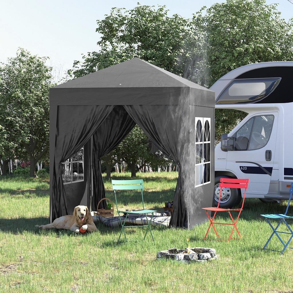 Faltpavillon, Biergartenpavillon, 4 abnehmbare Seitenwände, 2 Fenster, Metallgestell, 2 x 2 m, Schwarz