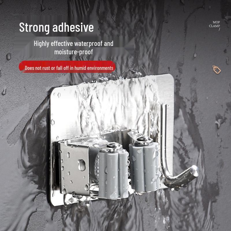 Stainless Steel No-Drill Mop & Broom Holder with Hooks - Wall-Mounted, Strong Adhesive Storage Clip