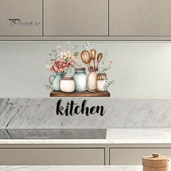 Vintage Kitchen Illustration Decals Cartoon Wall Sticker, Watercolor Decorative Decal, PVC Waterproof Art Retro Decor Mural, Removable for Cabinet