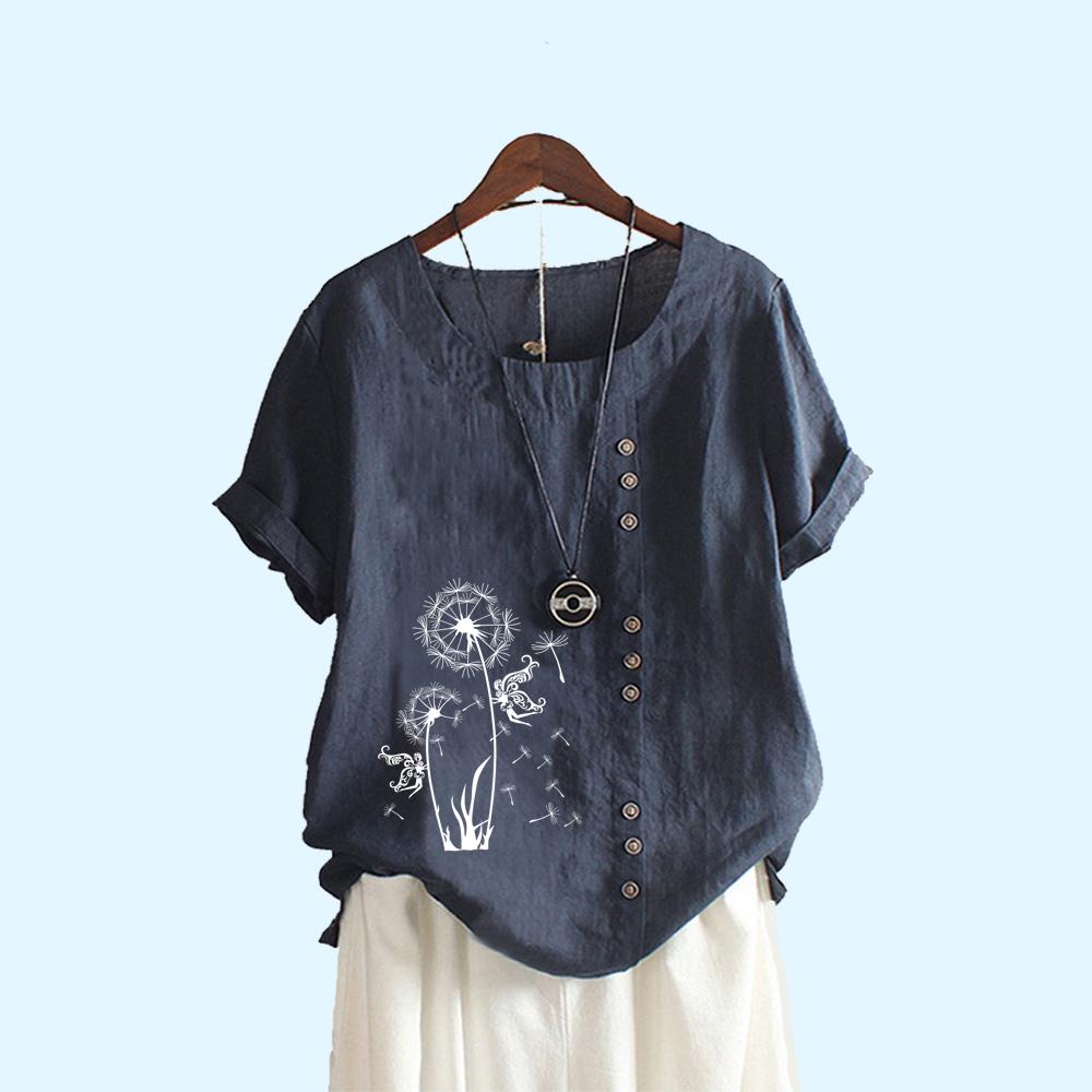 Women Fashion Print T-shirt Casual Short Sleeve Top Summer Round Collar Loose Plus Size Blouses
