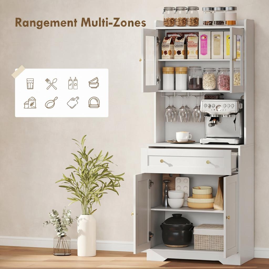 Buffet Haut Cuisine, Armoire de Cuisine, 4 Portes, Tiroir, Plan de Travail et Étagères Réglables, Blanc