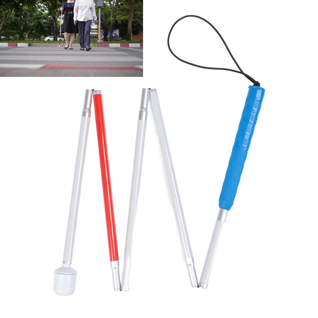 Folding Walking Pole Aluminum Alloy Collapsible Anti Slip Reflective Blind Cane Folds Down 5 Sections Walking Stick for Elderly Blue Red