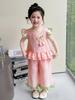 2026 New Girls' Summer Style: Fashionable Solid Color Lace Two-Piece Set with Small Puff Sleeves for Small and Medium Children