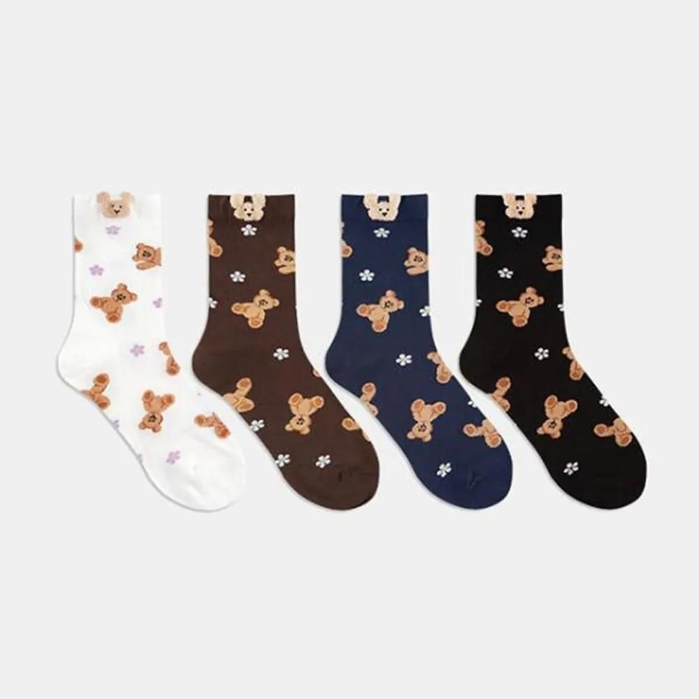 Anco Socks Flower Teddy Bear Women s Socks 4-Piece Set white