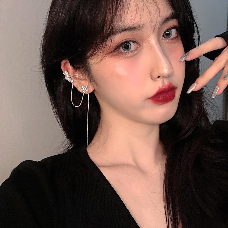 Earrings Jewelry Fashion Personality Zircon Ear Clip Long Earrings Crystal Flower Tassel Cuffs Stud Earrings