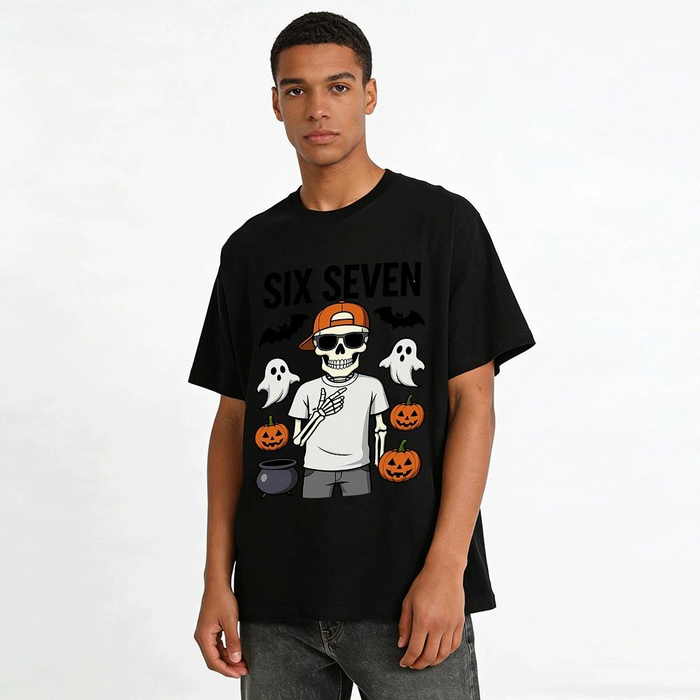 Halloween Skeleton Gesture Print Tee Six Seven Plus Size Holiday Top Pure cotton T-shirt