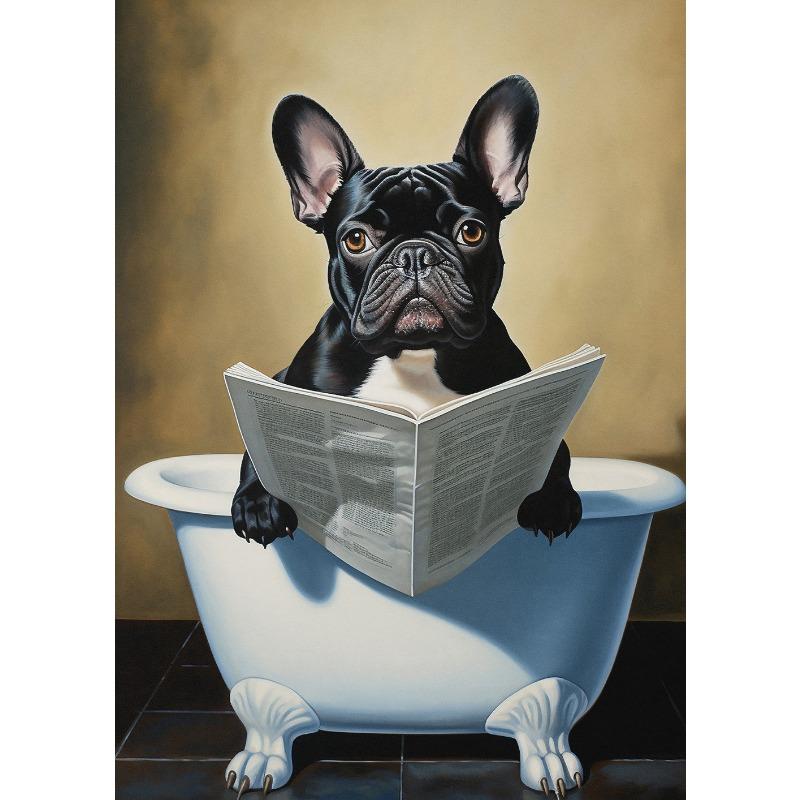 

Смешной французский бульдог мопс собака сидит на унитазе читает газету принт плакат холст живопись животное настенное искусство для ванной комнаты домашний декор 21cm×30cm NoFrame