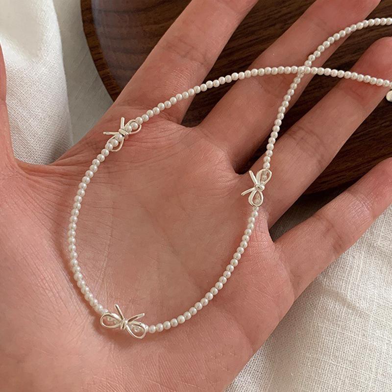 Fashion Sweet Bow Pearl Necklace for Women Girls Sparkling Delicate Ribbon Bowknot Beaded Chain Chokers Party Jewelry Gift