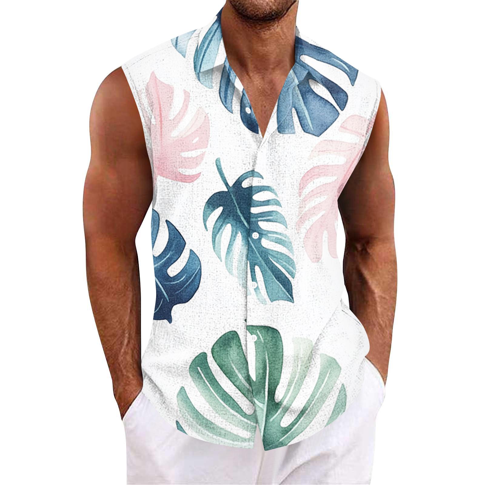 

Sleeveless Button Down Shirt with Tree and Beach Print Relaxed Fit Casual Collared Top for Daily Wear XXL