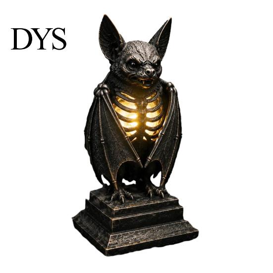 Dark Punk Room Decor Gothic Halloween Table Lamp, Spooky Raven Bat Skeleton Vintage Unique Gifts for Goth Lovers Resin LED Night Light Party, Tabletop