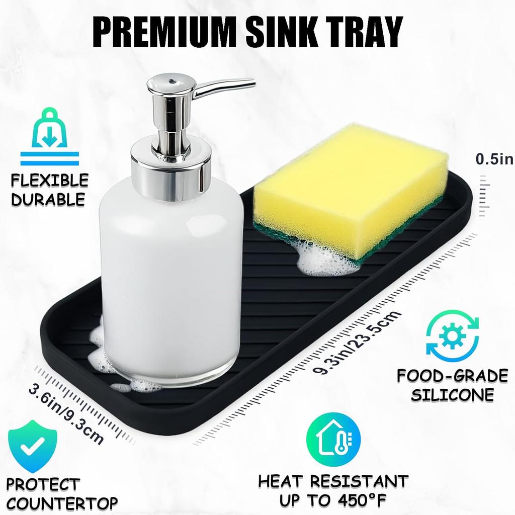 Silicone Kitchen Soap Tray & Bathroom Trays, Holders & Organizers - Dish Soap Holder, Kitchen Sink Tray, Heat Resistant (Black)