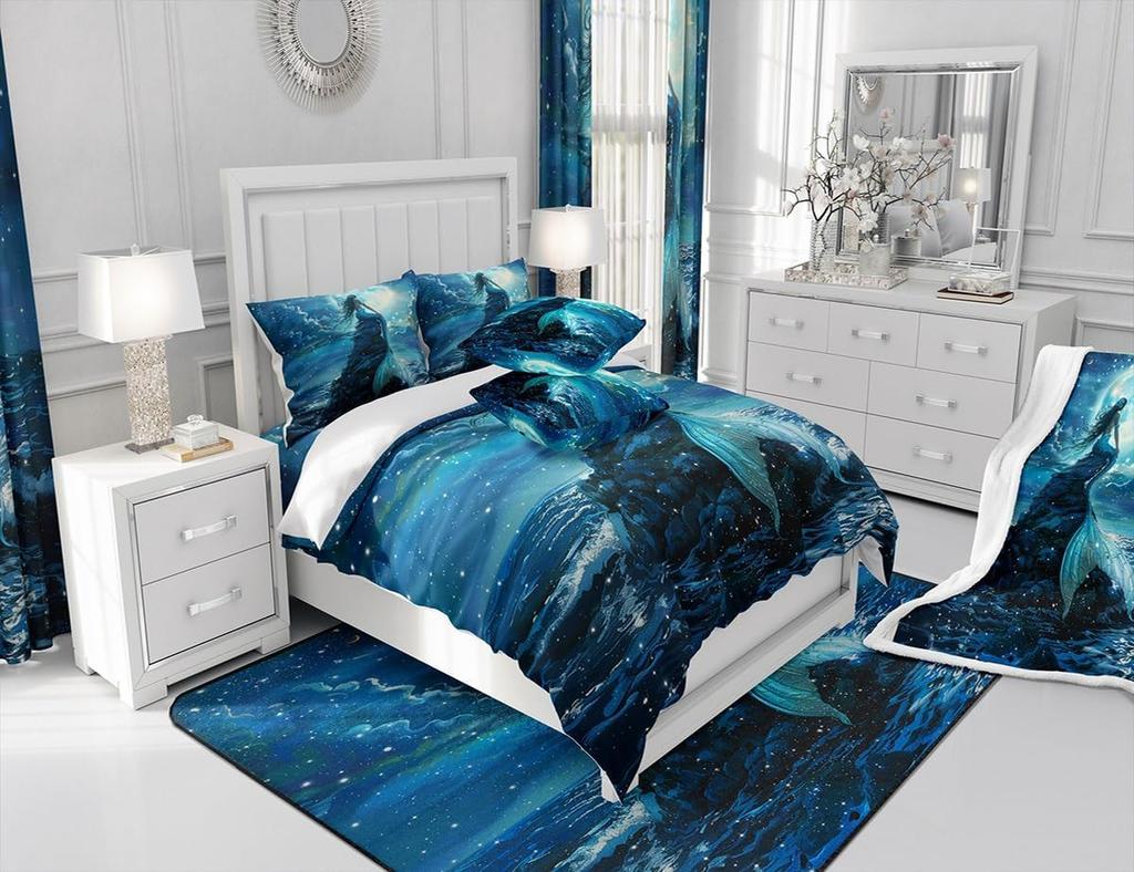 3D Mermaid Comforter Set Queen SizeSea Moon Starry Sky Bedding Set Kids Boys Girls Room DecorLuxury Fashion Soft Microfiber