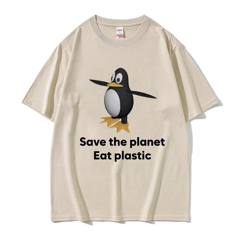 Save The Earth Eat Plastic Funny Meme TShirt Cute Penguin Graphics Unisexs T Shirt Fashion Casual Oversized Short Sleeve Tshirts S