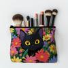 Charming Black Cat & Floral Canvas Organizer Bag - Cartoon Style Zippered Makeup Pouch, Makeup Travel Ba