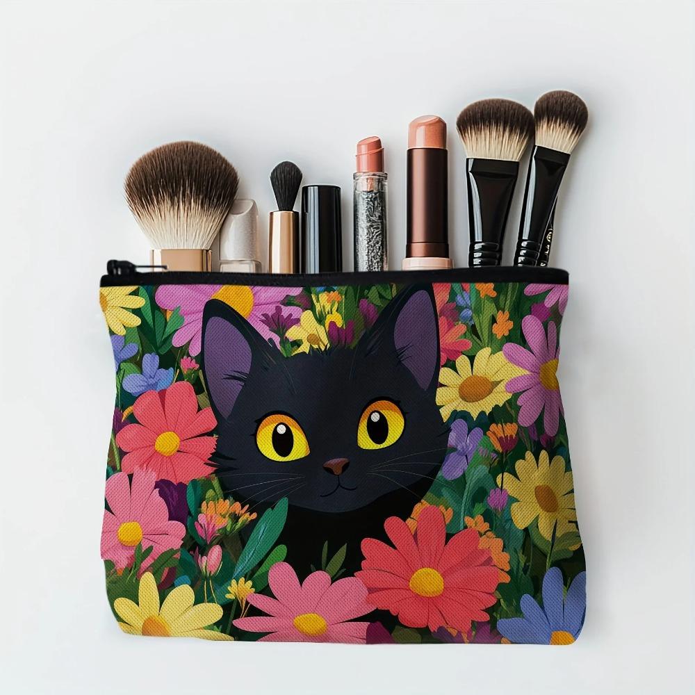 Charming Black Cat & Floral Canvas Organizer Bag - Cartoon Style Zippered Makeup Pouch, Makeup Travel Ba