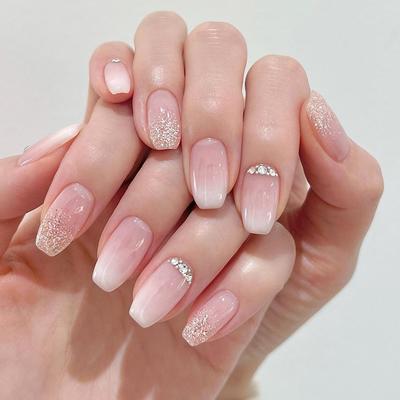 24 Stück Trage-Nagelstücke Sanfter und allmählicher Wechsel Nackte Puder-Nagelstücke Nagelkunst Goldpuder Kurze Trage-Nägel Gebrochene Diamanten Trage-Nägel