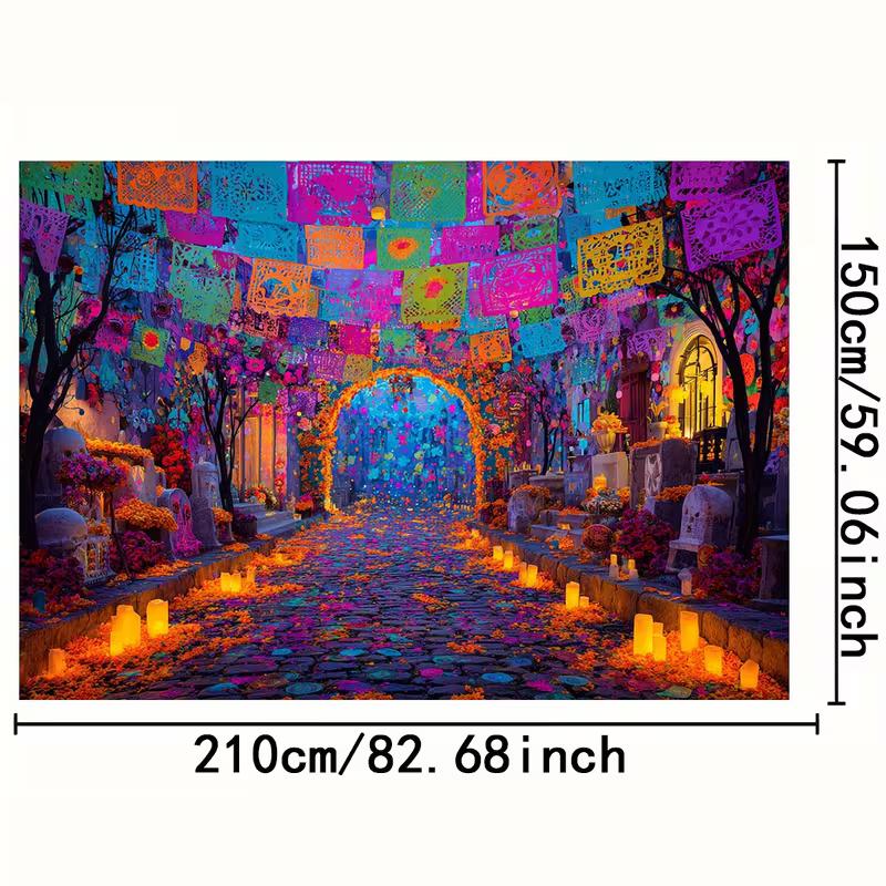 2D Mexican Day of the Dead Backdrop, Cemetery with Flags and Marigold Path Background