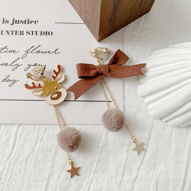 Festive Reindeer Tassel Earrings with Star & Bow, Asymmetrical Design, Silver Studs