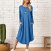 Women's Casual Round Neck Long Sleeve Curved Hem Loose Long Dress With Pocket