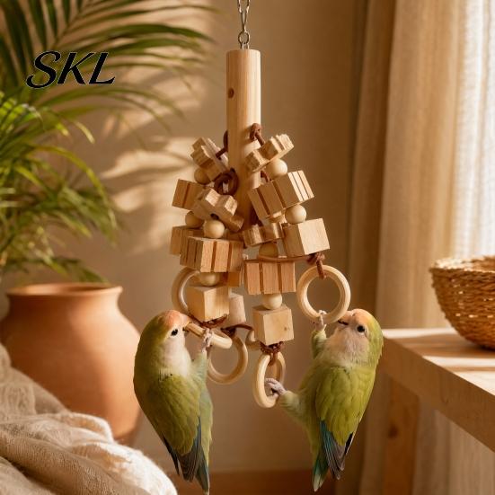 Bird Beak Trimmer Wood Blocks Parrot Toy, Chew Toy with Wooden Rings, Biting Hanging Cage Accessory for Parakeet Conure Cockatiel Non-toxic